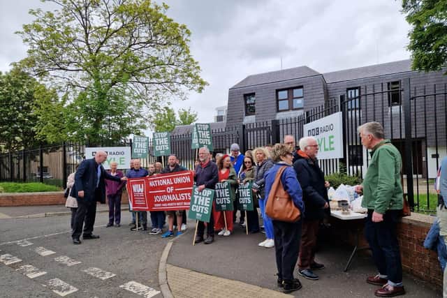 Someof the hundreds of BBC Northern Ireland journalists, contributors and supporters striking at the picket line outside Radio Foyle on Friday.