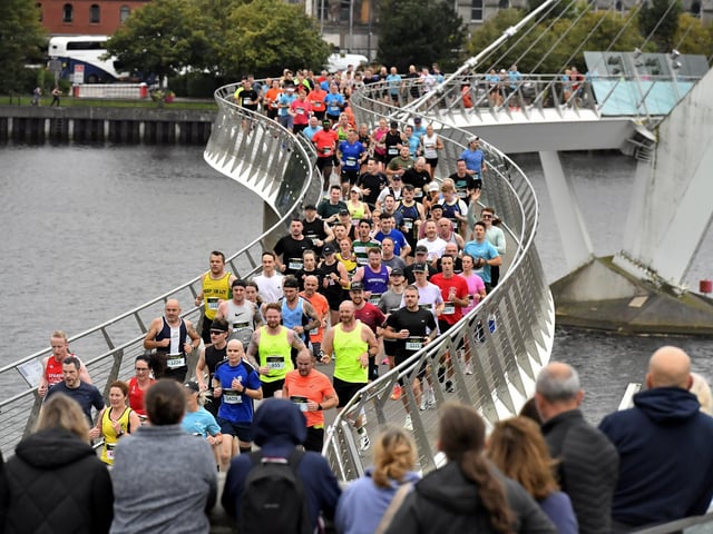 Competitors in the Waterside Half Marathon make their way over the Peace Bridge.  Photo: George Sweeney