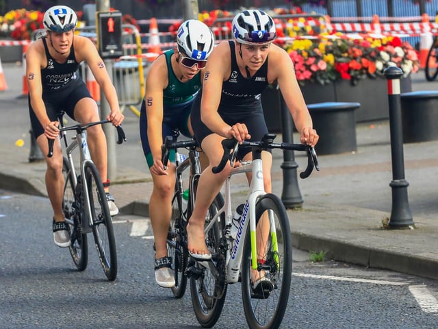 The Europe Triathlon Cup Junior Women’s head out on the bikes at  the second stage of the event on Saturday morning. (Photo - Tom Heaney, nwpresspics)