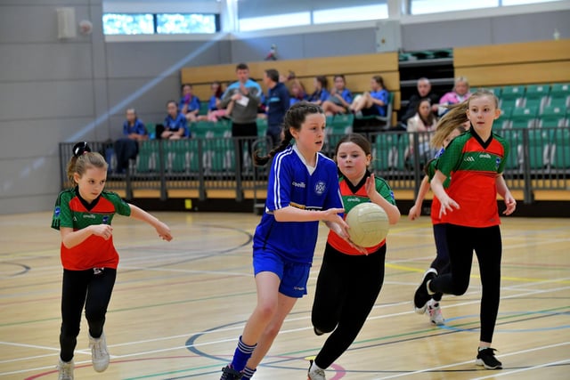 Chapel Road battle with Rosemount in the Derry City Primary School Girls’ Indoor Gaelic Finals Day at the Foyle Arena on Friday afternoon. Photo: George Sweeney. DER2308GS – 118