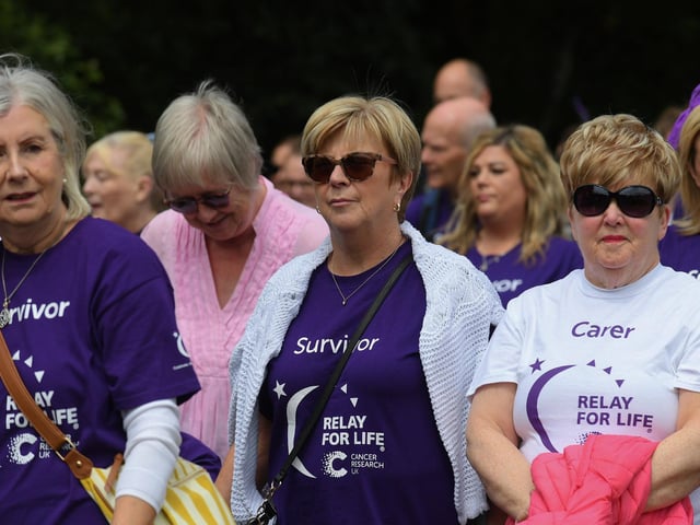 Almost one hundred cancer survivors took part in an inspiring Lap of Honour around St Columb’s running track prior to 40 fund-raising teams beginning the opening laps of the  24 hour Legenderry Relay for Life.  Photo: George Sweeney.