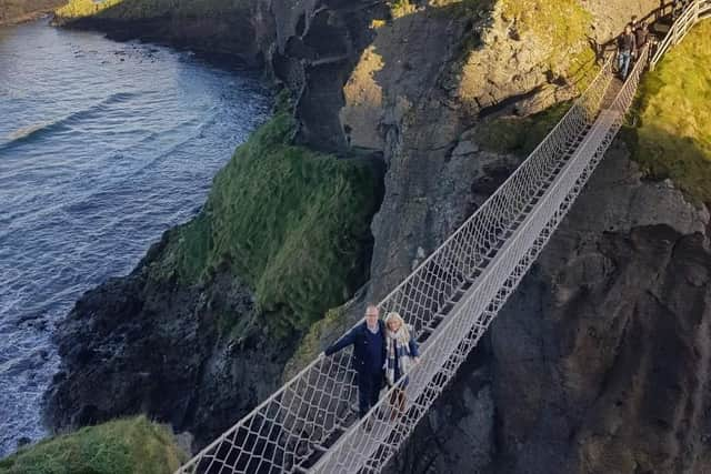 Michael and Deborah Wilson at the Carrick-a-Rede rope bridge.