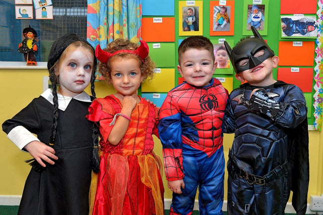 Nursery children, Aodha, Una, Andrew and Joshua, from Naiscoil Dhoire Steelstown, in Halloween costume.  Photo: George Sweeney.  DER2243GS – 067