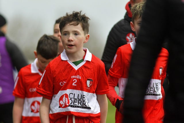 One of the Primary School boys from Cumann na mBunscol who took part in a football game during half-time at Owenbeg on Sunday afternoon.  Photo: George Sweeney. DER2312GS – 29