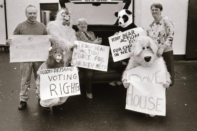 Dove House's Teddy Bear Action Force 'kidnap' Mayor Jim Guy as part of a comic event to raise funds for Children In Need.