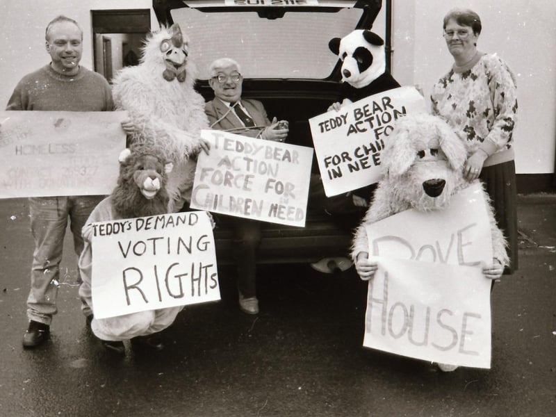 Dove House's Teddy Bear Action Force 'kidnap' Mayor Jim Guy as part of a comic event to raise funds for Children In Need.