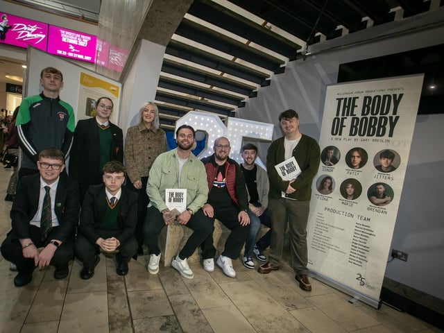 Playwright Gary Breslin pictured with staff and students from St. Joseph's Boys School at the Millennium Forum before last week's world premiere of 'The Body of Bobby.' (Photos: Jim McCafferty Photography)