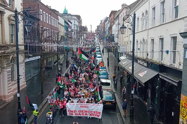 Thousands participate in Derry rally for Palestine calling for a ceasefire in Gaza on January 13, 2024