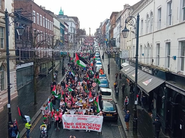 Thousands participate in Derry rally for Palestine calling for a ceasefire in Gaza on January 13, 2024