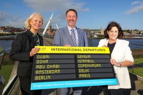 Anna Doherty, Chief Executive at Derry's Chamber of Commerce. Airport Managing Director Steve Frazer and Brenda Morgan, Head of Business Development at City of Derry Airport. Photo Lorcan Doherty.
