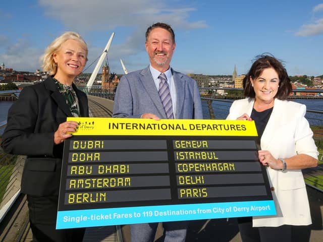 Anna Doherty, Chief Executive at Derry's Chamber of Commerce. Airport Managing Director Steve Frazer and Brenda Morgan, Head of Business Development at City of Derry Airport. Photo Lorcan Doherty.