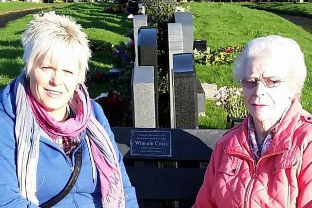 Sharon and Blanche pictured at a summer seat that was donated to Altnagelvin cemetery for Winston's 40th anniversary. Blanche regularly went and sat on this bench to reflect and to feel closer to Winston