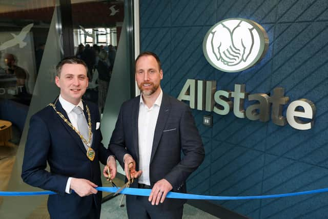 Derry City & Strabane District Deputy Mayor COLR Jason Barr and Allstate NI Managing Director Stephen McKeown officially opening the new Allstate NI office at the Innovation Centre, Catalyst Building in Derry.