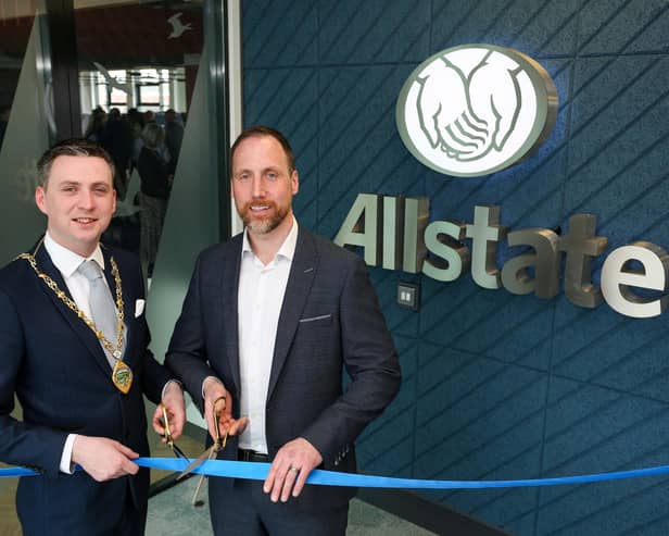 Derry City & Strabane District Deputy Mayor COLR Jason Barr and Allstate NI Managing Director Stephen McKeown officially opening the new Allstate NI office at the Innovation Centre, Catalyst Building in Derry.