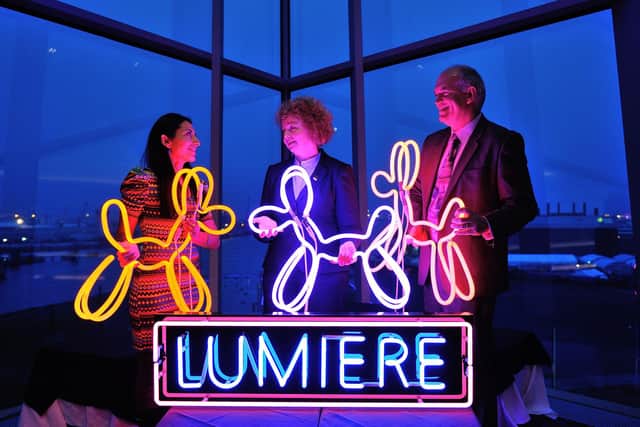 Mark Lusby with former Culture Minister, Carál Ní Chuilín, and Deepa Mann Kler at the launch of Lumiere in 2013. Picture: Michael Cooper