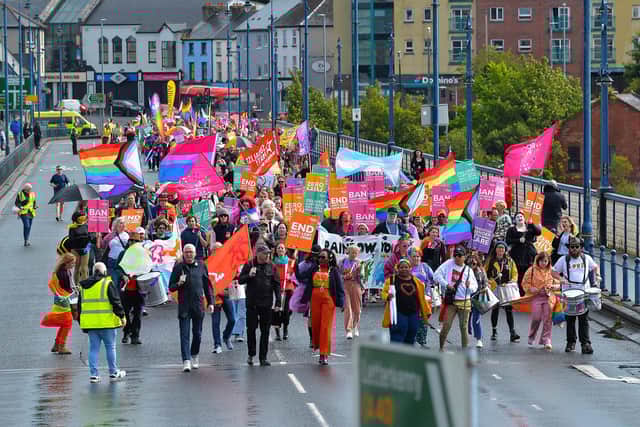 The 2024 Foyle Pride Parade on Craigavon Bridge. Photo: George Sweeney