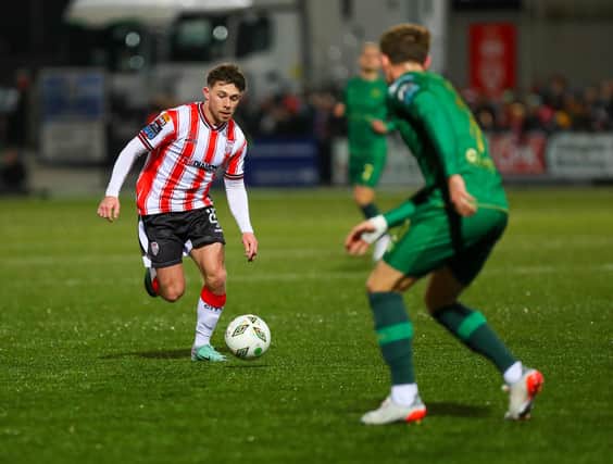 Adam O'Reilly drives towards goal against his former club St Patrick's Athletic at Brandywell. Photo by Kevin Moore.