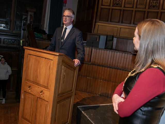 The Principal of St. Patrick's and St. Brigid's College, addressing the attendance at Thursday night's Sports Awards in the Guildhall, Derry.