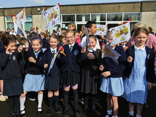 Pupils pictured at the Jive Aces performance at Rosemount Primary School on Thursday morning. Photo: George Sweeney