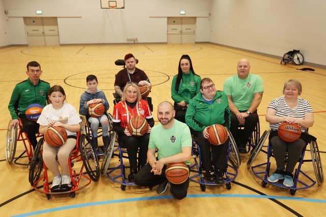 The Mayor of Derry, Councillor Sandra Duffy,  at the NW Wolves Wheelchair Basketball Club Community Launch Day at Shantallow Community Centre. Included are Paul Coyle, treasurer, Sam Barr and Paul Gallagher, coaches.