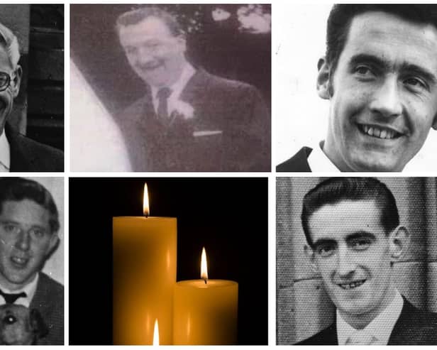 The victims of the Annie's Bar massacre: top l-r: Frank McCarron, Michael McGinley and Barney Kelly; bottom l-r Charles Moore and Charles McCafferty.