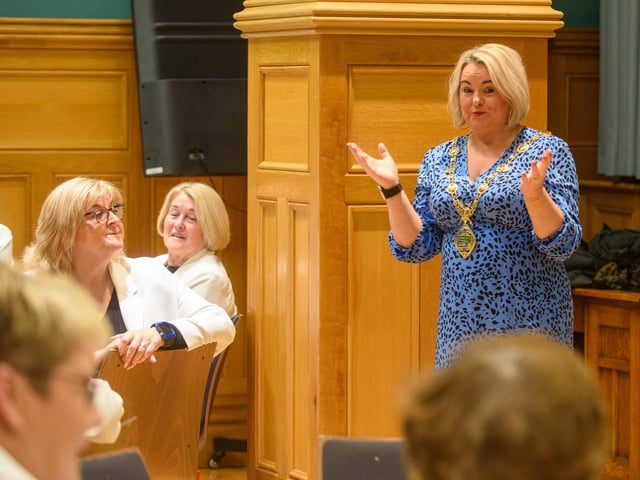 The Mayor Councillor Sandra Duffy welcomed the members of Colmcille Ladies Choir to a reception in the Guildhall as they mark their 50th Anniversary. Picture Martin McKeown. 20.01.23:.