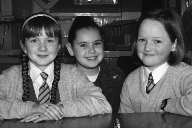Primary 6 pupils at St. Eugene's, from left, Charlene Lamberton, Stacey Gillespie and Louise Deery, who spoke to the 'Journal' in February 1998.