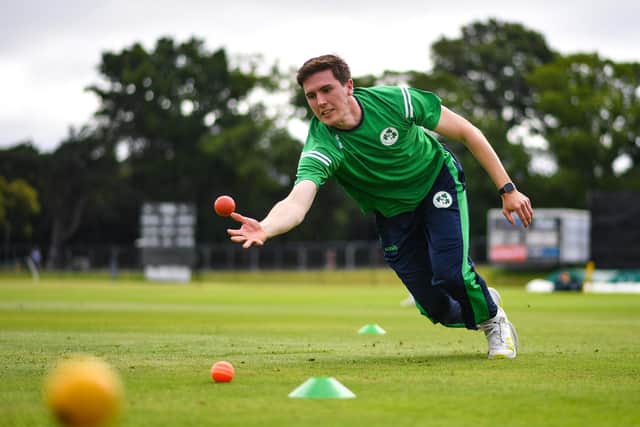 Conor Olphert being put through his paces during a Ireland men's training session at Malahide Cricket Club Photo by Ramsey Cardy/Sportsfile