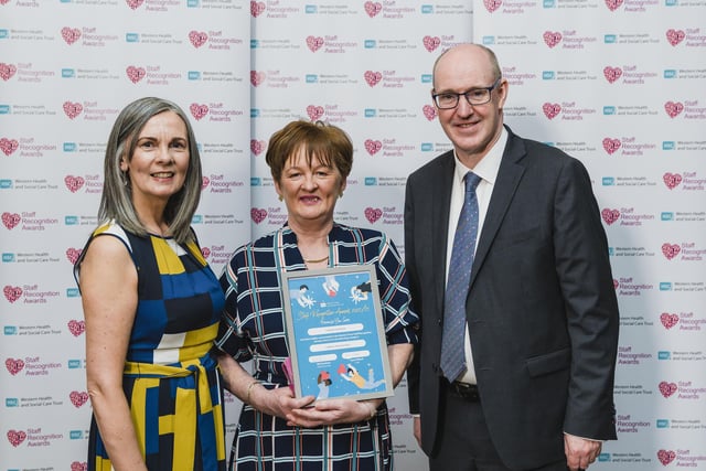 Highly Commended is Carmel Cochrane, Community Midwife, Strabane pictured with Karen Hargan, Director of Human Resources & Organisation Development and Neil Guckian, Chief Executive, Western Trust.