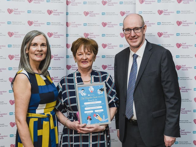 Highly Commended is Carmel Cochrane, Community Midwife, Strabane pictured with Karen Hargan, Director of Human Resources & Organisation Development and Neil Guckian, Chief Executive, Western Trust.