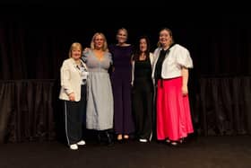 Elaine Patterson (Innovation and Entrepreneurship Programme Manager at InterTradeIreland), with TechFoundHer Breakthrough Award winners Victoria Finlay, (founder of MenoPal), Shelley Cowan (founder of Travel Ease), Claire Brannigan (founder of Skinakin) and Máirín Murray (founder of TechFoundHer) at the TechFoundHer Summit 2025.