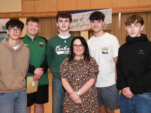 Caroline McLaughlin, Principal, pictured with high achievers, from left, Jack McGinn, Luke Coyle, Cian O'Dowd, Caoimhn Duddy and Vincent Logue O'Callaghan, at St. Columb's College on Thursday morning.
