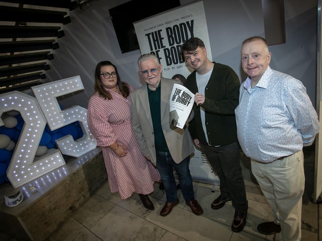 Gary pictured with acclaimed playwright Brian Foster at Thursday night's premiere of 'The Body of Bobby'. On right is David McLaughlin, Chief Executive, Millennium Forum, and on left is Marie O'Donoghue. (Photos: Jim McCafferty Photography)