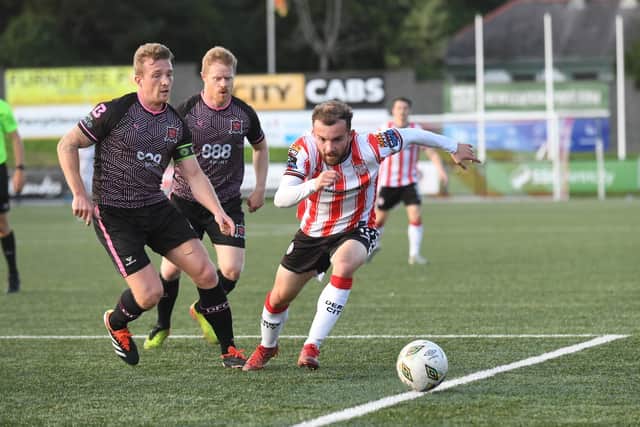 Paul McMullan tries to open up the Dundalk defence at Brandywell. Photograph by George Sweeney.
