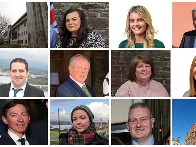 Candidates standing in the Waterside ward in alphabetic order: Top row l-r Chelsea Cooke (DUP), Caitlin Deeney (Sinn Féin), Darren Guy (UUP), middle row l-r Christopher Jackson (Sinn Féin), Philip McKinney (Alliance), Niree McMorris (DUP), Janice Montgomery (UUP), bottom row l-r Sean Mooney (SDLP), Davina Pulis (People Before Profit) and Martin Reilly (SDLP).