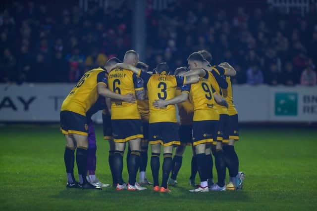 Derry City players in a huddle before kick-off at St Pat's. Photo by Kevin Moore.