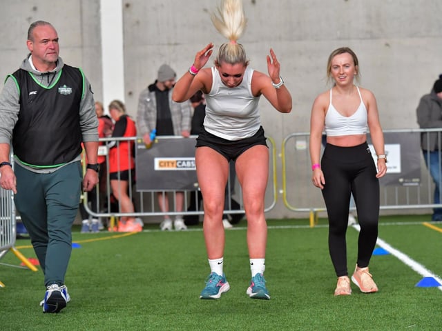 Competitor in the Maiden City Hyrox 3.0 Fitness Challenge held at Sean Dolans GAC on Saturday.  Photograph: George Sweeney