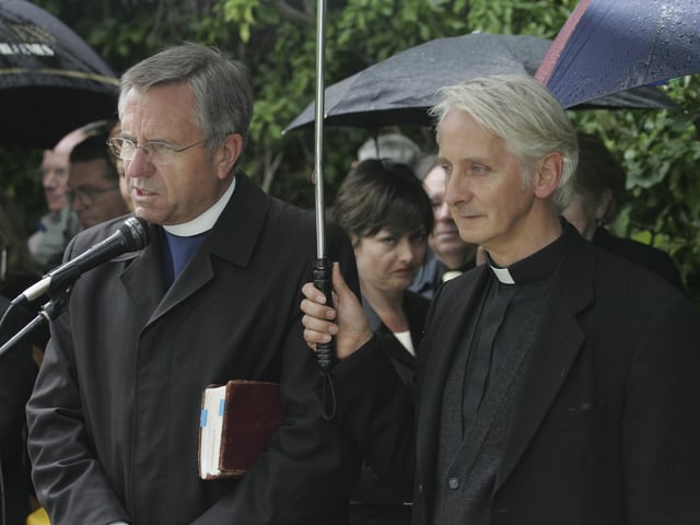 Rev. Joseph Fell and Fr. Michael Porter officiating at the annual Blessing of the Fleet ceremony at Inch Pier. (0507C07) : Blessing of the Fleet in Inch Island on July 2005.