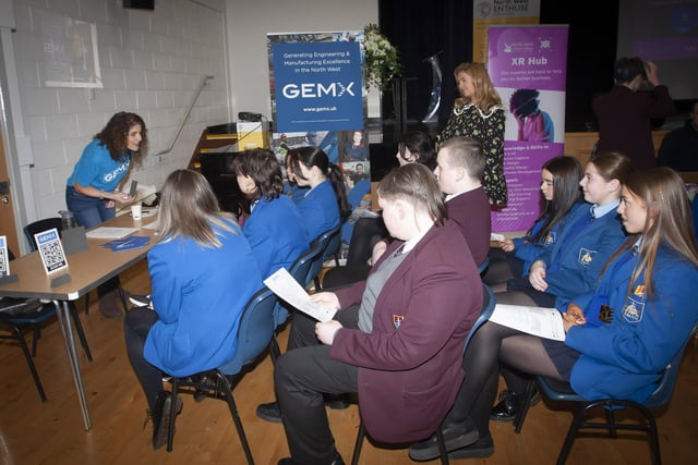Joanne Sweeney, GEMX discussing engineering topics with students from Foyle and St. Mary’s College on Wednesday last.