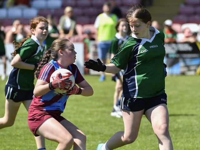 Cumann na mBunscol Doire Girls Championship Finals Day at Celtic Park: St John’s Primary against Good Shepard Primary School in the Cup Final. Photo: George Sweeney