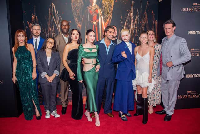 English actress Emily Carey (4th L) and English actor Matt Smith (R) join other cast members of the new HBO Max series House of the Dragon as they pose during its European premiere in Amsterdam on August 11, 2022. - Netherlands OUT (Photo by Wesley de Wit / ANP / AFP) / Netherlands OUT (Photo by WESLEY DE WIT/ANP/AFP via Getty Images)