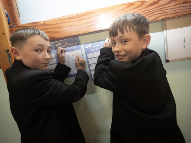 Year 8 students Caiden Deery and Oran Lynch taking part in one of the exercises during Tuesday's Young Enterprise workshops at St. Joseph's Boys School.