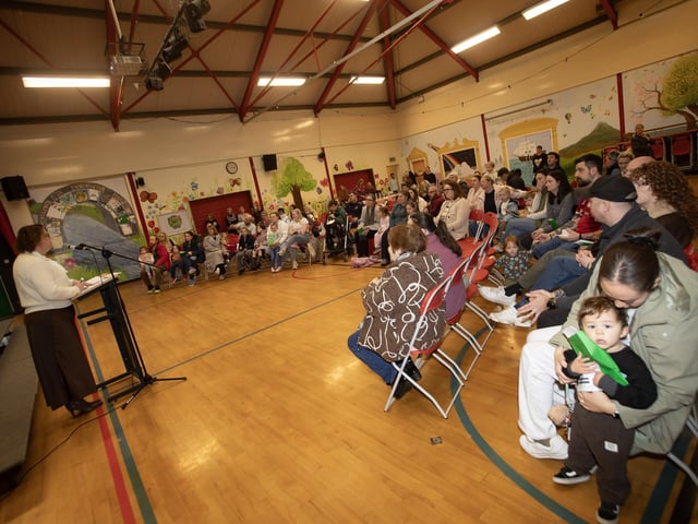 Mrs. Ashley Donaghy, Principal, Oakgrove Integrated Primary and Nursery School, pictured addressing parents and prospective pupils at the Annual Open Day on Thursday last. (Photos: Jim McCafferty Photography) : .