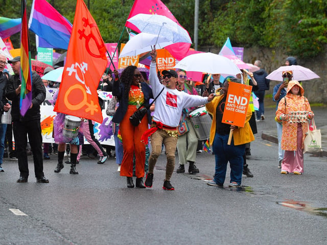 The 2024 Foyle Pride Parade makes its way along Duke Street. Photo: George Sweeney