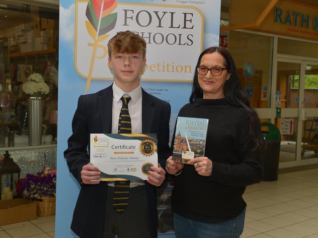 Lumen Christi College pupil, Reece Delaney-Heaney, pictured with sponsor Jenni Doherty, Little Acorns Bookstore, was awarded First Place in the KS3 My Community category in the inaugural Foyle Schools Poetry Competition. Photo: George Sweeney. DER2313GS – 41