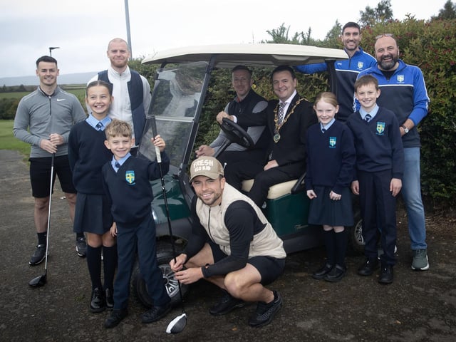 Derry City players, Mark Connolly, Danny Mullen and Adam Frizzell and former Candy Stripe Shane McEleney join Mayor Ruairi McHugh and staff and pupils before heading out to play 18 holes in the school's recent Golf Classic. (Photos: Jim McCafferty Photography)