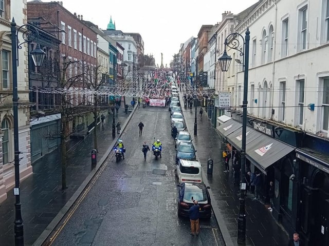 Thousands participate in Derry rally for Palestine calling for a ceasefire in Gaza on January 13, 2024