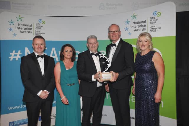 Pictured l-r are: John Magee, Chair of Network of Local Enterprise Offices, Patrick and Marina McLaughlin, Simon Coveney, Minister for Enterprise, Trade and Employment and Brenda Hegarty, Head of Enterprise, Donegal.
