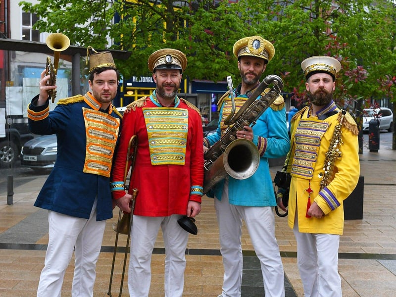 Mr Wilson’s Second Liners band members Jack Tinker, Henry Botham, Will Lenton and Paddy Higginson. Photo: George Sweeney