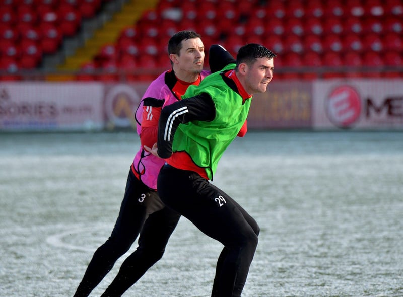 Derry City’s Ciaran Coll and Cian Kavanagh tussle during Monday’s training session at the Brandywell. Picture by George Sweeney. DER2304GS-10